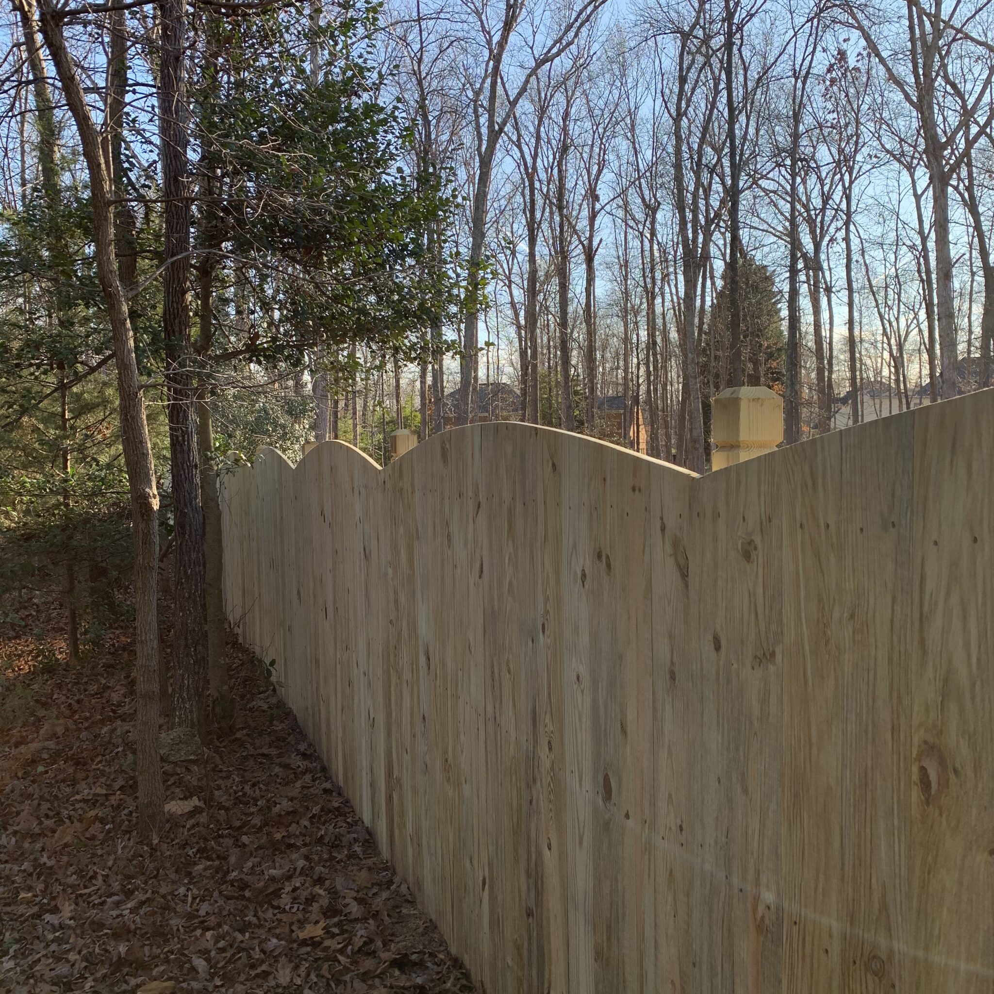 Six foot convex privacy fence with beveled and notched posts.