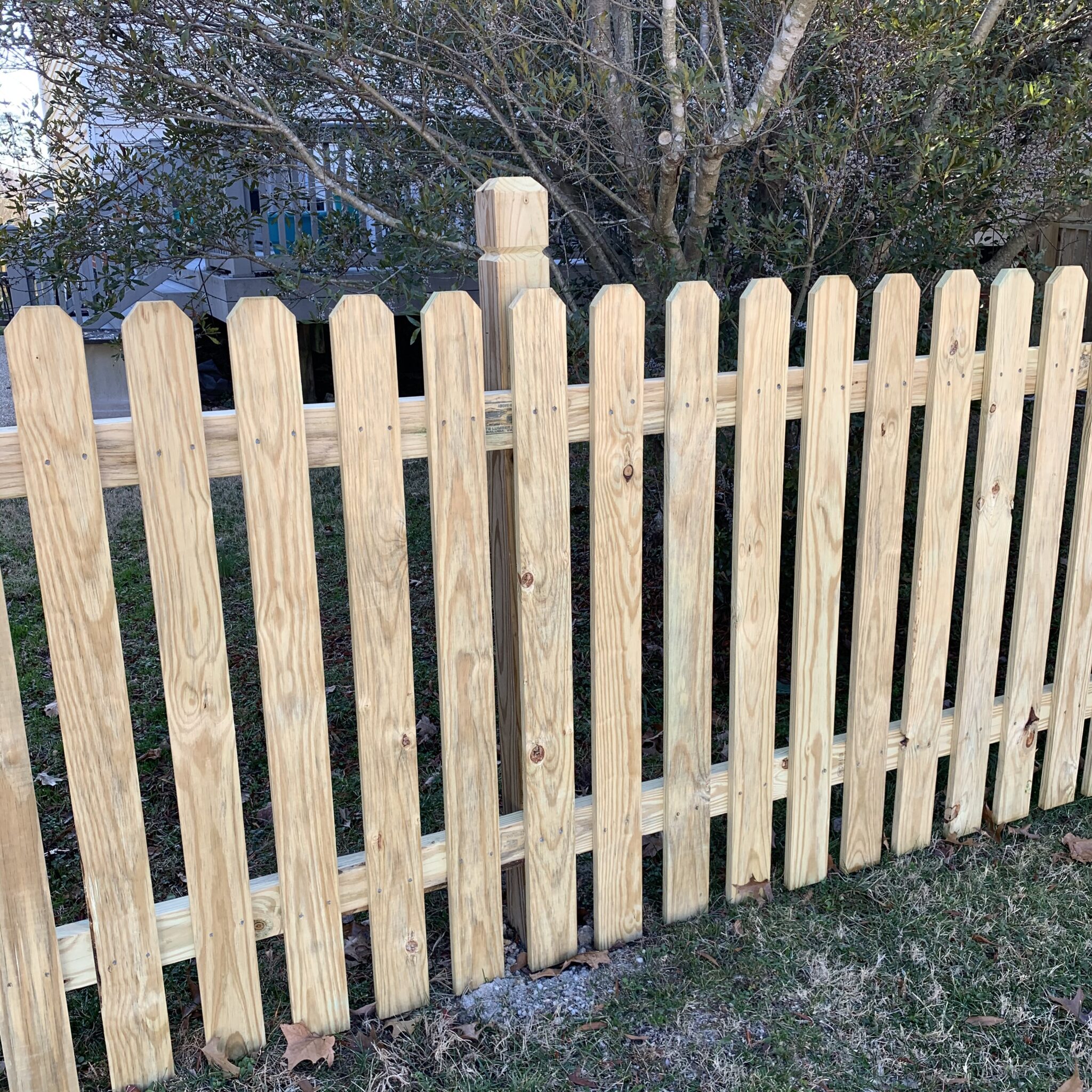 Wood picket fencing with beveled and notched posts.